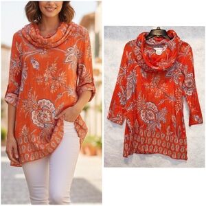 Gretchen Scott Tunic Womens M Queeny Funnel Cowl Imari Paisley Orange Knit Top